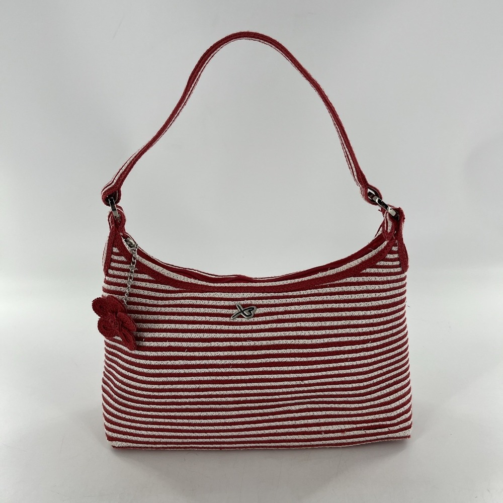 Rare Vintage Betmar New York Woven Shoulder Bag Red White Stripe Silver Metallic
